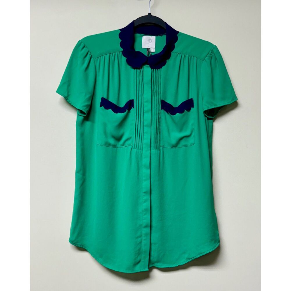 HD in Paris Green Blouse with Navy Scallop Collar and Pocket Trim